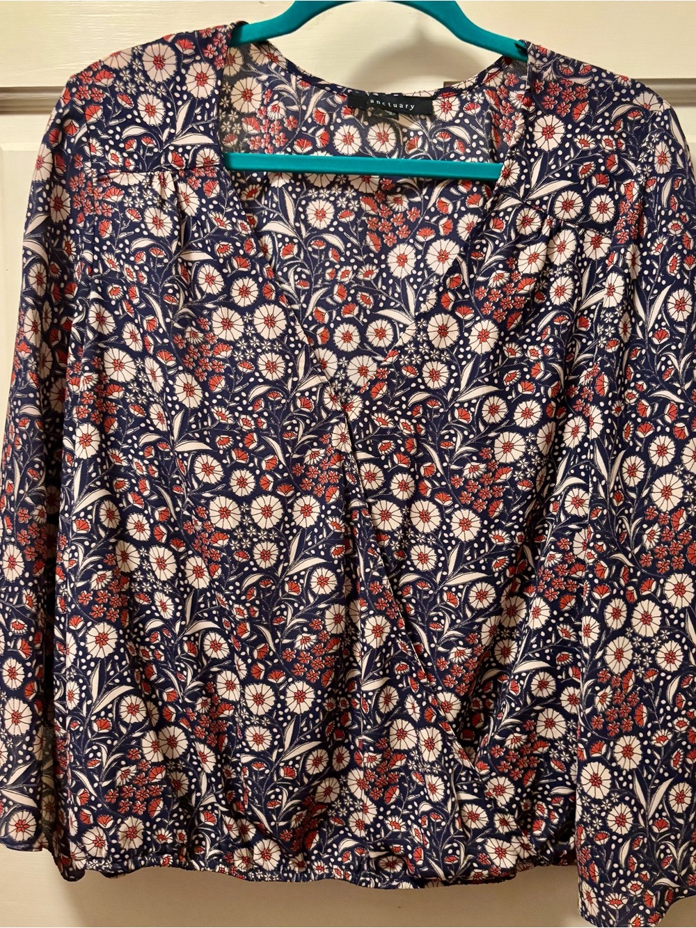 Sanctuary Navy Floral Wrap-Style Blouse with Cream and Rust Details